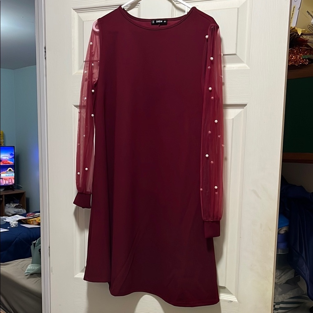 SHEIN Red Embellished A-Line Dress with Bishop Sleeves